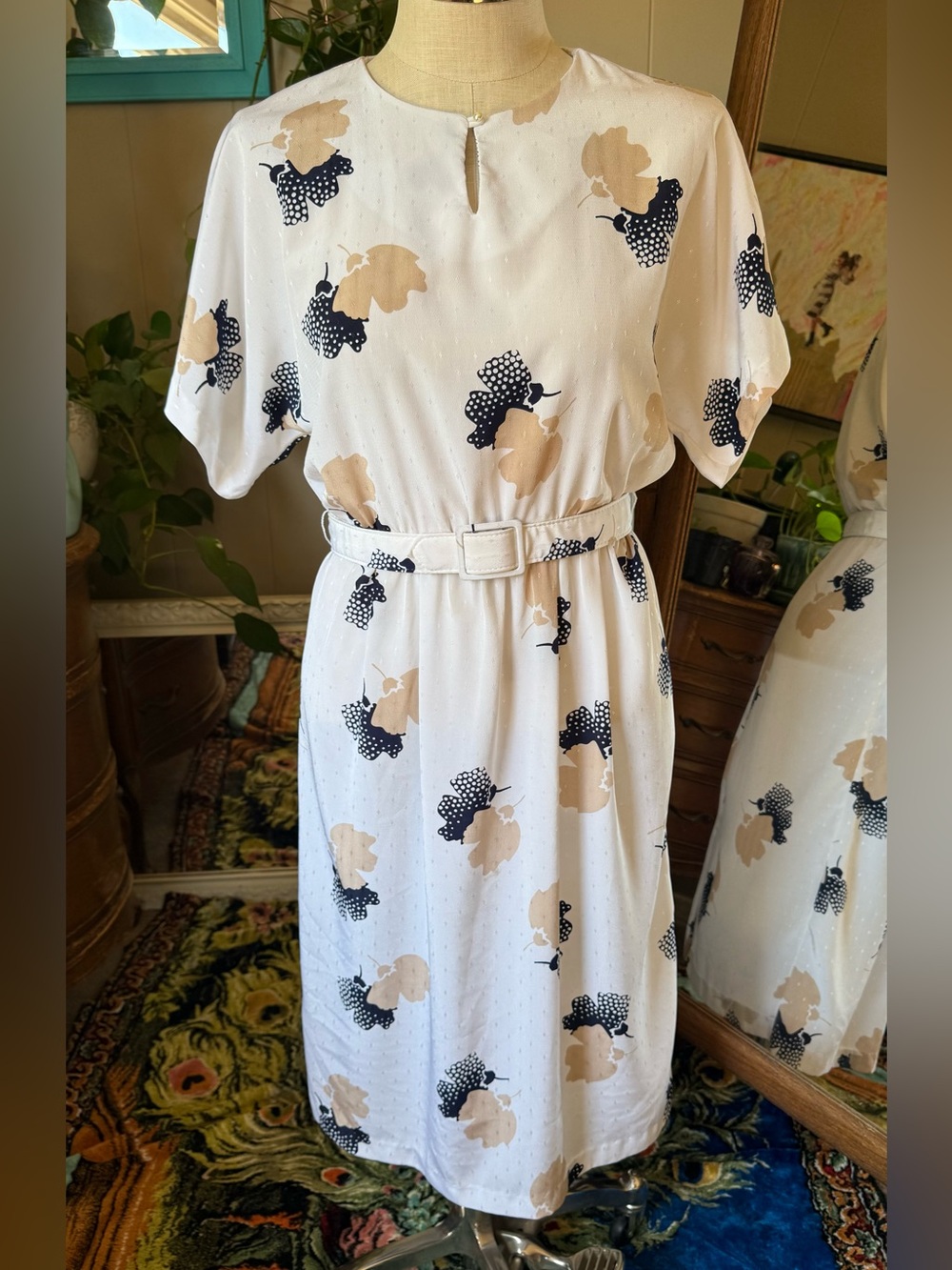 Pellini Petites by Von Bramlett Vintage White Floral Belted Midi Dress, sz 7/8 P